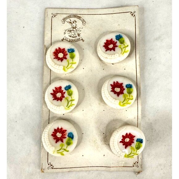 6 Vintage Czech Uranium Glass Buttons On Card Round Floral Sewing Czechoslovakia - Picture 1 of 5